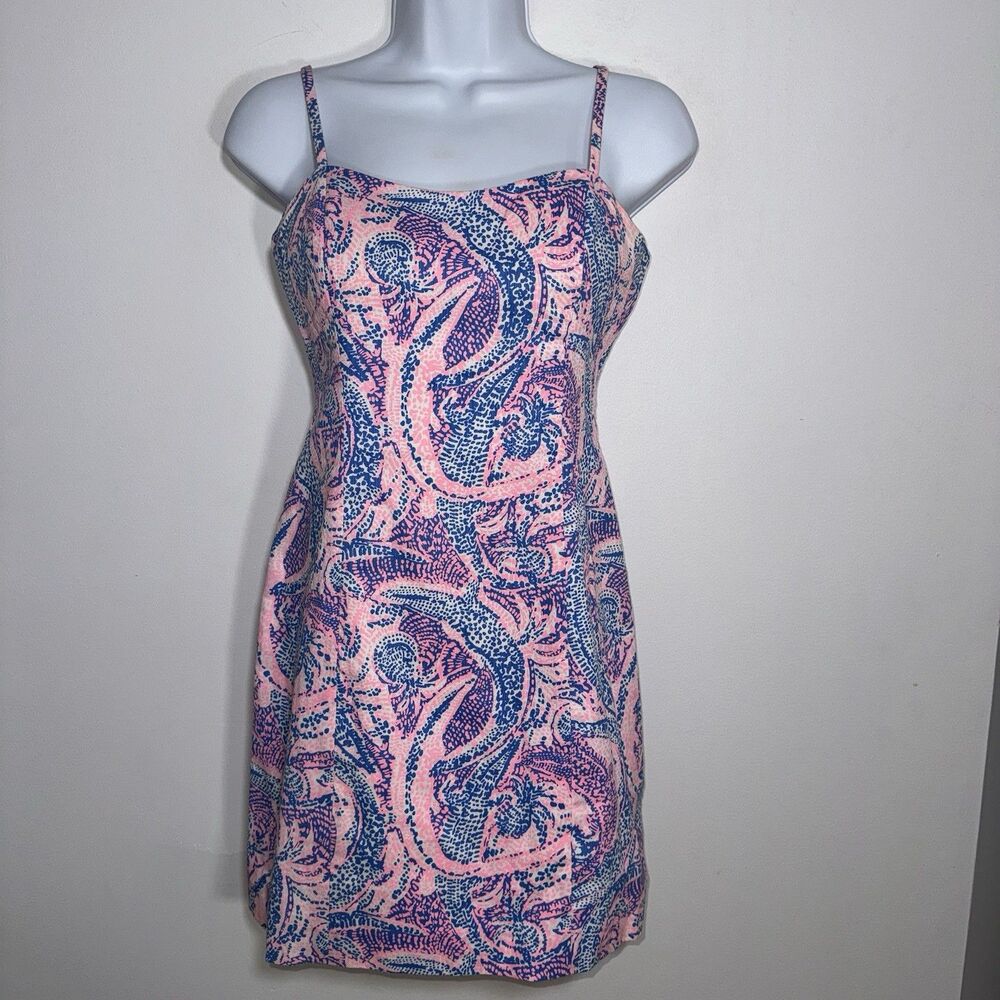 Lilly Pulitzer Shelli Stretch Dress Women 00 Pink Blue Alligator Preppy Tropical